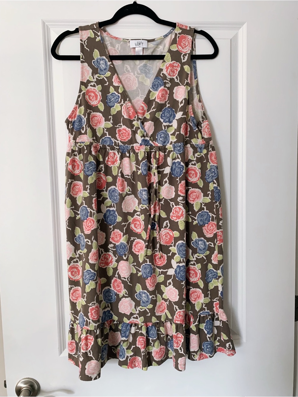 LOFT Floral Sleeveless Wrap Dress in Brown with Pink & Blue Roses